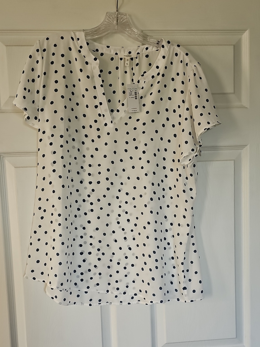 Maurices White V-Neck Short Sleeve Polka Dot Blouse